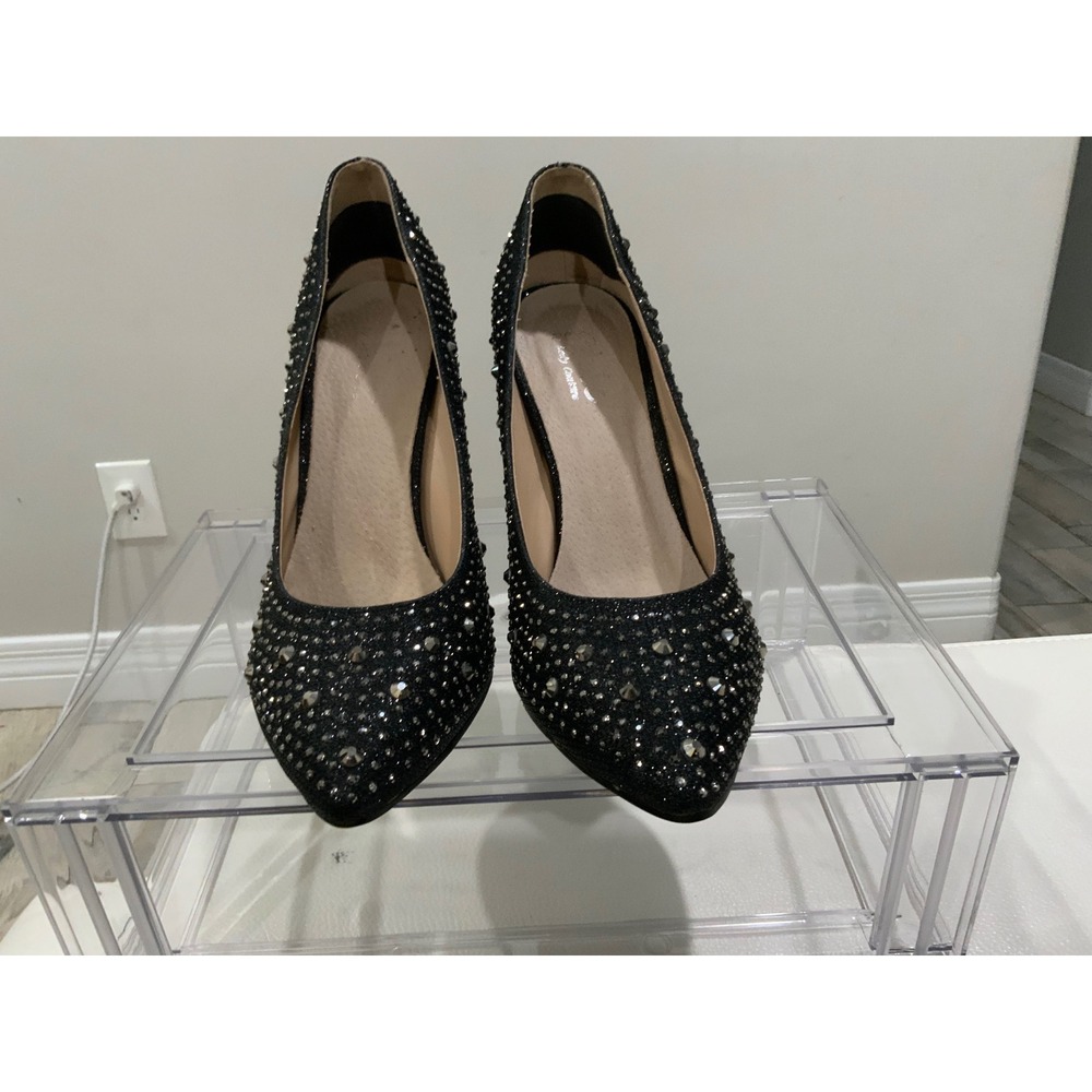 Lady Couture Lulu 4 Black Glitter Studded Rhinestone Pumps Metallic Chrome Heel